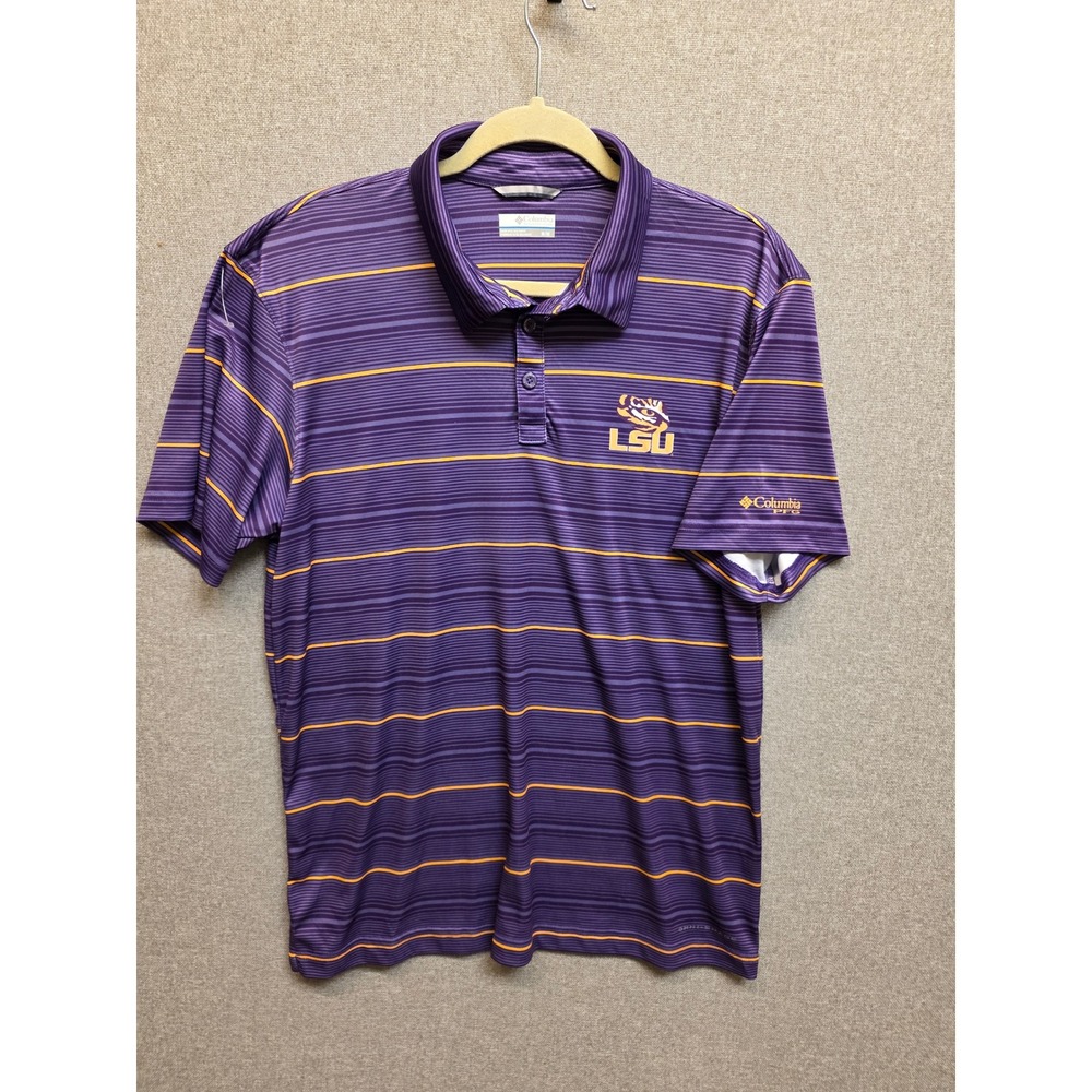 Columbia PFG LSU Tigers Mens Medium Purple Gold Striped Polo Shirt XM2622